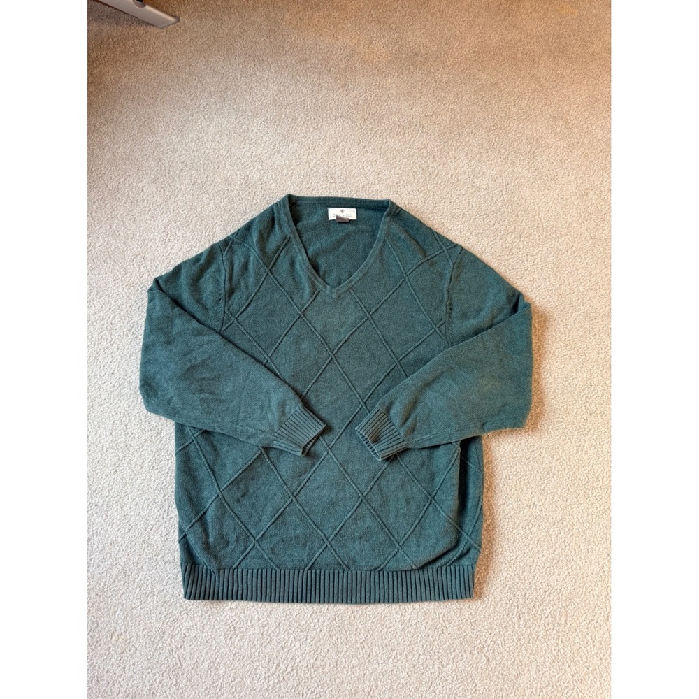 Oak Hill Mens 2XL Forest Green Diamond Textured V-Neck 100% Cotton Sweater